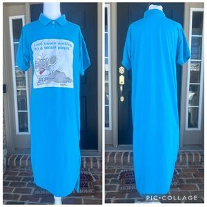 Vintage 80s Sandra Boynton Cats Love Means Nothing Tennis Player Aqua Polo Dress